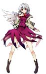  1girl absurdres angel_wings baba_(baba_seimaijo) boots dress highres jacket kishin_sagume long_sleeves open_clothes open_jacket purple_dress red_eyes silver_hair single_wing solo touhou wings 