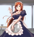  1girl apron aqua_eyes breasts cleavage green_eyes gundam gundam_build_fighters gundam_build_fighters_try highres kamiki_mirai long_hair maid maid_headdress puffy_short_sleeves puffy_sleeves redhead ryuusama short_sleeves smile solo tray waving wrist_cuffs 