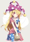  1girl american_flag american_flag_legwear american_flag_shirt blonde_hair clownpiece fairy_wings frilled_collar hat jester_cap leggings long_hair looking_at_viewer one_eye_closed pink_eyes polka_dot red_eyes satou_kibi short_sleeves sitting touhou wings 