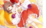  1girl :q ankle_cuffs blueberry bow brown_eyes brown_hair cravat crepe detached_sleeves food fork fruit garters hair_bow hair_tubes hakurei_reimu hands_on_own_chest highres looking_at_viewer lying minigirl navel on_back peach short_hair skirt skirt_set solo sprinkles strawberry tongue tongue_out touhou tsukimiya_kamiko 