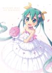  1girl aki_(akisora_hiyori) blush bouquet character_name dress elbow_gloves flower gloves green_eyes green_hair hair_flower hair_ornament hatsune_miku highres long_hair open_mouth solo strapless_dress twintails very_long_hair vocaloid 