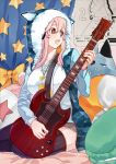  1girl animal_ears animal_hood blush breasts cat_hood electric_guitar guitar headphones hood hoodie instrument itariadoitsu large_breasts long_hair looking_away nitroplus open_mouth pink_hair red_eyes seiza sitting smile solo super_sonico thigh-highs 