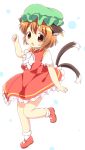  1girl :o animal_ears brown_eyes brown_hair cat_ears cat_tail chen dress hat jewelry mary_janes mob_cap multiple_tails nekomata pila-pela red_dress shoes short_hair short_sleeves simple_background single_earring solo tail touhou two_tails 