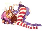  1girl all_fours american_flag american_flag_legwear american_flag_shirt ass blonde_hair clownpiece fang flag full_body hat jester_cap kuresento looking_at_viewer one_eye_closed open_mouth pantyhose pink_eyes print_legwear simple_background sleeveless smile solo star striped touhou white_background 