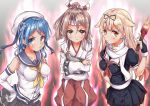  3girls blonde_hair blue_eyes blue_hair brown_eyes brown_hair elbow_gloves gloves hair_flaps japanese_clothes kantai_collection long_hair marisasu_(marisa0904) multiple_girls ponytail red_eyes remodel_(kantai_collection) scarf school_uniform serafuku urakaze_(kantai_collection) yuudachi_(kantai_collection) zuihou_(kantai_collection) 