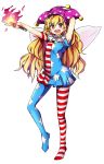  1girl absurdres american_flag_legwear american_flag_shirt baba_(baba_seimaijo) blonde_hair clownpiece fairy_wings hat highres jester_cap long_hair open_mouth pantyhose pink_eyes print_dress smile solo torch touhou very_long_hair wings 