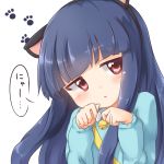  1girl animal_ears bangs blue_hair blunt_bangs blush cat_ears highres idolmaster idolmaster_cinderella_girls kindergarten_uniform kisa_(k_isa) long_hair open_mouth paw_pose red_eyes sajou_yukimi solo 