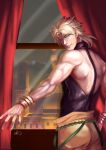  blonde_hair brown_eyes building curtains dio_brando from_behind grin halter_top halterneck highres jojo_no_kimyou_na_bouken messy_hair night signature smile vokbink window wrist_cuffs 