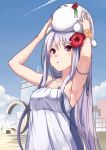  1girl akasaai armpits arms_up borrowed_character dress flower hair_flower hair_ornament long_hair original parted_lips red_eyes white_dress white_hair 