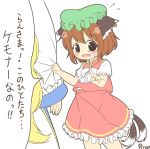  2girls animal_ears blonde_hair blush brown_hair cat_ears cat_tail chen dress fang flying_sweatdrops frilled_dress frills green_hat hat jewelry long_hair long_sleeves looking_at_viewer mob_cap multiple_girls multiple_tails nekomata open_mouth pila-pela pointing pointing_at_viewer red_dress short_hair short_sleeves simple_background single_earring solo_focus sweatdrop tail teardrop touhou translated two_tails white_background yakumo_ran 