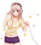 1girl breasts cleavage headphones highres large_breasts long_hair looking_at_viewer midriff nitroplus open_mouth pink_hair red_eyes short_shorts shorts smile solo super_sonico tsukune_(45616) 