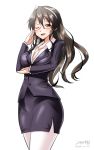  1girl ashigara_(kantai_collection) bespectacled breasts brown_hair business_suit cleavage contemporary fang female glasses hairband kantai_collection long_hair looking_at_viewer one_eye_closed open_mouth pantyhose solo yellow_eyes yuki_no_iori 