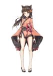  1girl animal_ears blush brown_hair cat_ears japanese_clothes kimono long_hair looking_at_viewer panties red_eyes short_kimono solo soulkiller underwear white_panties 