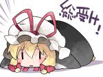  1girl alternate_costume animal_costume blonde_hair blush_stickers bow chibi commentary_request hair_bow hair_ribbon hammer_(sunset_beach) hat highres long_hair looking_at_viewer lying mob_cap on_stomach penguin_costume ribbon solo touhou translation_request yakumo_yukari |_| 