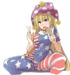  1girl ahegao american_flag_legwear american_flag_shirt blonde_hair blush clownpiece double_v hat jester_cap kamukamu_(ars) long_hair open_mouth pantyhose print_dress saliva sitting solo spread_legs tears touhou v very_long_hair violet_eyes 