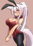  1girl animal_ears bare_shoulders black_legwear blush breasts bunnysuit cleavage collar colored_eyelashes embarrassed fake_animal_ears fox_ears fox_tail hands_together highres large_breasts original pantyhose ponytail rabbit_ears sakura_inu simple_background solo tail wrist_cuffs yellow_eyes 