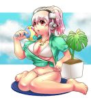  1girl barefoot bikini blush breasts cleavage commentary_request fan headphones kakuume large_breasts long_hair navel nitroplus open_clothes open_mouth paper_fan pink_hair ponytail red_eyes sitting solo super_sonico swimsuit uchiwa wariza 