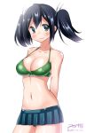  1girl arms_behind_back bikini_top black_hair blue_eyes blush breasts cleavage hair_ribbon kantai_collection looking_at_viewer navel ribbon solo souryuu_(kantai_collection) twintails wavy_mouth yuki_no_iori 