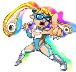  1girl blonde_hair boots breasts cleavage cleavage_cutout inkling long_hair mask microphone pointy_ears rainbow_mika shouting splatoon street_fighter street_fighter_v tentacle_hair twintails 