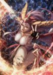  1girl breasts dragon_girl dragon_horns dragon_wings elbow_gloves fingerless_gloves fire gloves highres horns long_hair purple_hair puzzle_&amp;_dragons red_eyes solo sonia_(p&amp;d) sword wada_masanori weapon wings 