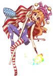  1girl american_flag american_flag_legwear american_flag_shirt blonde_hair clownpiece fang flag full_body hat jester_cap kuresento looking_at_viewer open_mouth pantyhose print_legwear red_eyes simple_background sleeveless smile solo star striped touhou white_background 