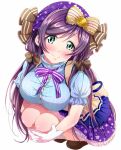  1girl arihara_(arhr0) blush bow breasts gloves green_eyes hair_ribbon hat head_tilt large_breasts long_hair looking_at_viewer love_live!_school_idol_project purple_hair ribbon skirt smile solo squatting toujou_nozomi twintails white_gloves 