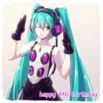  1girl aqua_eyes aqua_hair black_gloves gloves happy_birthday hatsune_miku headphones highres long_hair persona persona_4:_dancing_all_night skirt smile solo tda twintails very_long_hair vocaloid wink 