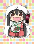  1girl animal_hood barefoot black_hair blush_stickers brown_eyes chibi dr_pepper hakama hood japanese_clothes kongari_tokei leotard long_hair m.u.g.e.n open_mouth original parody potato_chips sendai_hakurei_no_miko smile solo style_parody touhou 