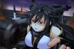  1girl bare_shoulders black_hair elbow_gloves fingerless_gloves gloves hairband kantai_collection long_hair machinery nagato_(kantai_collection) nishi_koutarou open_mouth pacific_rim red_eyes shaded_face solo upper_body 