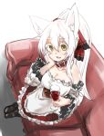  1girl alcohol alternate_costume animal_ears bare_shoulders breasts collar colored_eyelashes couch cup enmaided fox_ears frilled_sleeves frills hair_ribbon hand_on_own_cheek long_hair looking_at_viewer maid open_mouth ponytail ribbon sakura_inu sitting smile solo white_hair wine wine_glass 