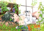  1girl blush breasts cleavage controller dualshock fang game_controller gamepad green_eyes green_hair handheld_game_console heirou long_hair looking_at_viewer lying on_back open_mouth original playing_games playstation_vita shirt skirt solo unbuttoned 