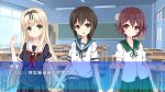  3girls black_hair blonde_hair brown_hair classroom fake_screenshot fubuki_(kantai_collection) gameplay_mechanics green_eyes hair_ribbon kakeyu kantai_collection long_hair multiple_girls mutsuki_(kantai_collection) ponytail red_eyes ribbon school_uniform serafuku short_hair standing translation_request yuudachi_(kantai_collection) 