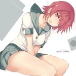  1girl ;o breasts kantai_collection kinu_(kantai_collection) long_hair looking_at_viewer one_eye_closed open_mouth red_eyes redhead school_uniform serafuku short_hair sitting skirt solo sts things twitter_username v_arms 