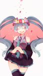  1girl ^_^ aqua_hair closed_eyes detached_sleeves flower hands_clasped hatsune_miku head_wreath highres necktie open_mouth petals pleated_skirt ponita rose skirt smile sparkle thigh-highs twintails vocaloid 