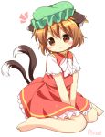  1girl :&lt; animal_ears barefoot brown_eyes brown_hair cat_ears cat_tail chen green_hat hat jewelry mob_cap multiple_tails nekomata pila-pela short_hair short_sleeves simple_background single_earring sitting solo tail touhou two_tails v_arms wariza white_background 