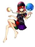  1girl absurdres baba_(baba_seimaijo) bare_shoulders barefoot chain collar earth hat hecatia_lapislazuli highres looking_at_viewer moon off_shoulder red_eyes redhead shirt skirt smile solo touhou 