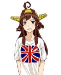  1girl ahoge brown_hair casual double_bun frown hairband kantai_collection kongou_(kantai_collection) long_hair looking_at_viewer remodel_(kantai_collection) shirt simple_background solo t-shirt union_jack upper_body violet_eyes watanore white_background 