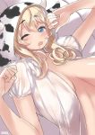 1girl ;o animal_costume atago_(kantai_collection) blonde_hair blue_eyes breasts cow_costume kantai_collection large_breasts looking_at_viewer lying no_bra on_back one_eye_closed open_mouth pillow saliva saliva_trail sensen solo 