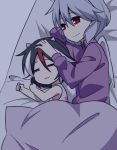  2girls :3 =_= blanket clenched_hands fang from_behind futon horns jeno kijin_seija kishin_sagume mother_and_daughter multicolored_hair multiple_girls playing_with_another&#039;s_hair red_eyes short_hair silver_hair single_wing sleeping smile streaked_hair sweatdrop touhou translation_request wings 