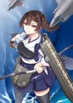  1girl black_legwear bow_(weapon) brown_eyes brown_hair f-35 fairy_(kantai_collection) gloves hiememiko highres kaga_(kantai_collection) kantai_collection pleated_skirt side_ponytail skirt thigh-highs weapon zettai_ryouiki 