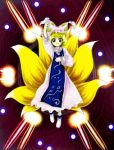  1girl blonde_hair dress fox_tail frills hat lowres mdnk multiple_tails oota_jun&#039;ya_(style) perfect_cherry_blossom pillow_hat short_hair socks solo spell_card tabard tail touhou white_dress yakumo_ran 