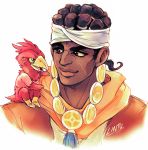  artist_name black_hair brown_eyes dark_skin facial_mark headband jojo_no_kimyou_na_bouken lintufriikki looking_at_another magician&#039;s_red mohammed_avdol on_shoulder portrait signature smile stand_(jojo) younger 
