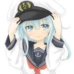  1girl blue_eyes blush commentary_request hat hibiki_(kantai_collection) highres kantai_collection long_hair looking_at_viewer nemuri_oto_yume sailor_collar school_uniform serafuku silver_hair smile solo 