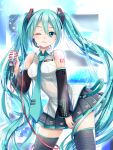  1girl aqua_eyes aqua_hair cowboy_shot detached_sleeves hatsune_miku headset highres long_hair microphone nail_polish necktie omoomomo skirt solo tattoo thighhighs twintails very_long_hair vocaloid wink 