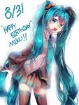  1girl absurdres aqua_eyes aqua_hair character_name dated happy_birthday hatsune_miku headset highres long_hair looking_at_viewer necktie open_mouth skirt solo thigh-highs twintails very_long_hair vocaloid white_background 