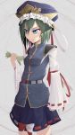  &gt;:/ 1girl angry belt blue_eyes bow breasts crown crushing green_hair hat limboh_bimboh looking_to_the_side paper pauldrons ribbon ribbon-trimmed_sleeves ribbon_trim shiki_eiki short_hair skirt sleeves_past_wrists solo tabard touhou 