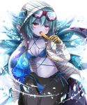  1girl ball beachball bikini blue_hair breasts emia_(castilla) goggles hoodie ice looking_at_viewer popsicle purple_skirt puzzle_&amp;_dragons red_eyes short_hair skirt solo swimsuit 