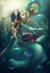  breasts league_of_legends long_hair mermaid monster_girl nami_(league_of_legends) staff swimming underwater yume_ou 