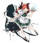  1girl :3 alternate_color animal_ears apron bow braid cat_ears cat_tail cosplay different_shadow dress extra_ears frilled_dress frills full_body green_dress hair_bow hair_ornament highres hitodama holding_knife izayoi_sakuya izayoi_sakuya_(cosplay) kaenbyou_rin knife leaning_forward looking_at_viewer maid maid_headdress mary_janes multiple_tails neck_ribbon one_eye_closed pocket_watch pointy_ears puffy_short_sleeves puffy_sleeves red_eyes redhead ribbon shadow shoes short_sleeves simple_background skull solo standing tail touhou toutenkou tray twin_braids waist_apron watch white_background wrist_cuffs 