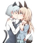  2girls animal_ears blonde_hair blue_eyes blush cat_ears cat_tail closed_eyes eila_ilmatar_juutilainen fox_ears fox_tail kinakomoti kiss long_hair military military_uniform multiple_girls sanya_v_litvyak short_hair silver_hair simple_background strike_witches tail uniform white_background yuri 